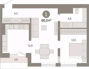 1-к квартира, вторичка, 60м2, 7/8 этаж