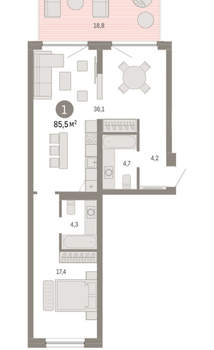 1-к квартира, вторичка, 85м2, 2/16 этаж