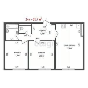 2-к квартира, вторичка, 62м2, 4/10 этаж