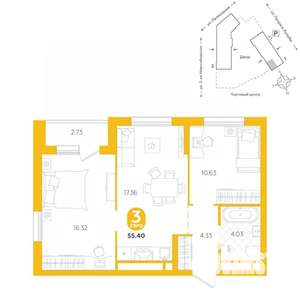 3-к квартира, вторичка, 55м2, 2/24 этаж