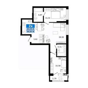 2-к квартира, строящийся дом, 67м2, 2/27 этаж