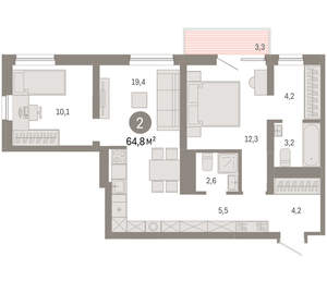 2-к квартира, вторичка, 65м2, 5/8 этаж