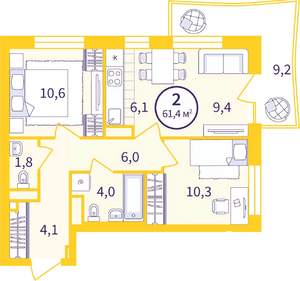 2-к квартира, вторичка, 55м2, 7/9 этаж
