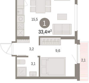 1-к квартира, вторичка, 33м2, 8/9 этаж