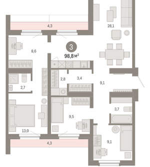 3-к квартира, вторичка, 99м2, 9/9 этаж