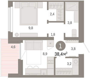 1-к квартира, вторичка, 38м2, 8/9 этаж