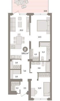 2-к квартира, вторичка, 100м2, 1/9 этаж