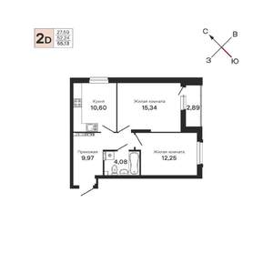 2-к квартира, строящийся дом, 55м2, 10/25 этаж