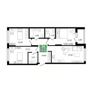 3-к квартира, строящийся дом, 84м2, 2/27 этаж