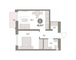 1-к квартира, вторичка, 43м2, 5/16 этаж