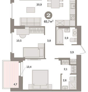 2-к квартира, вторичка, 66м2, 13/16 этаж