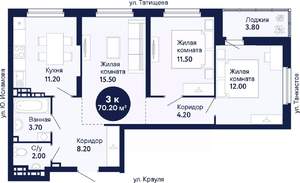 3-к квартира, сданный дом, 71м2, 13/21 этаж