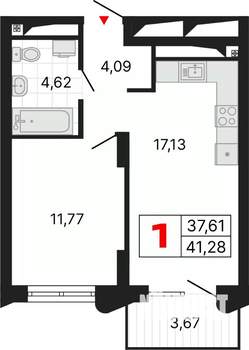 1-к квартира, вторичка, 41м2, 12/25 этаж