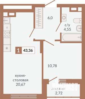 1-к квартира, строящийся дом, 43м2, 5/31 этаж