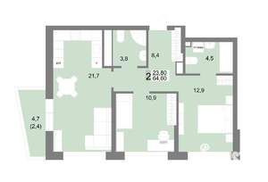 2-к квартира, строящийся дом, 65м2, 20/25 этаж