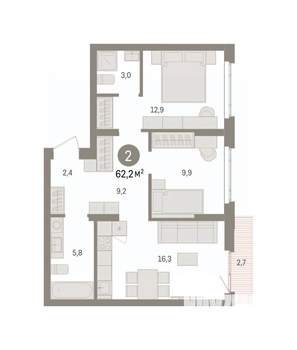 2-к квартира, вторичка, 62м2, 3/7 этаж