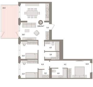 3-к квартира, вторичка, 116м2, 2/16 этаж