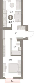 1-к квартира, вторичка, 43м2, 2/9 этаж