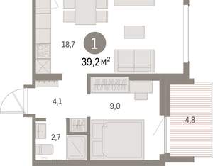 1-к квартира, вторичка, 39м2, 5/9 этаж