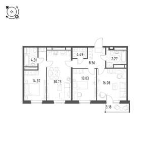 3-к квартира, строящийся дом, 86м2, 24/25 этаж