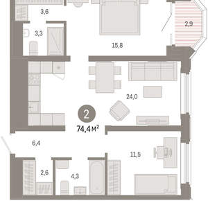 2-к квартира, вторичка, 74м2, 9/24 этаж