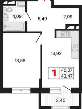1-к квартира, вторичка, 43м2, 3/25 этаж