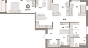 3-к квартира, вторичка, 106м2, 12/16 этаж