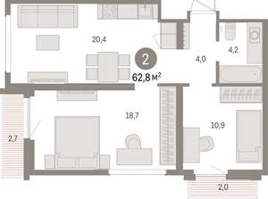 2-к квартира, вторичка, 63м2, 6/9 этаж