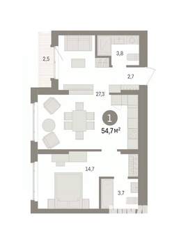 1-к квартира, вторичка, 55м2, 6/7 этаж