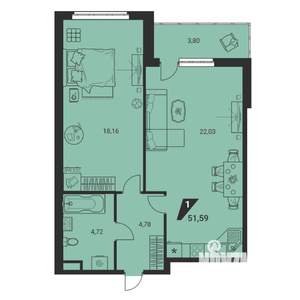 1-к квартира, вторичка, 52м2, 3/25 этаж
