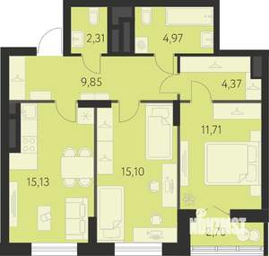 2-к квартира, строящийся дом, 65м2, 19/31 этаж