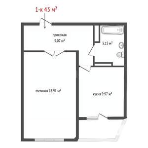1-к квартира, вторичка, 43м2, 12/16 этаж