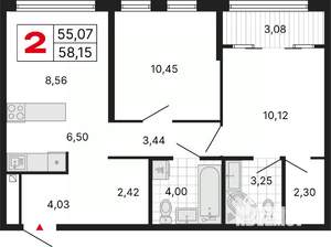 2-к квартира, вторичка, 58м2, 18/25 этаж