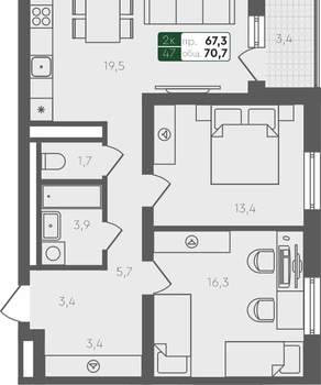 2-к квартира, вторичка, 71м2, 3/2 этаж