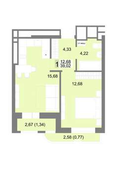 1-к квартира, строящийся дом, 39м2, 19/22 этаж