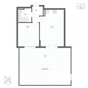 1-к квартира, вторичка, 57м2, 2/15 этаж