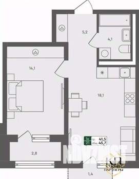 1-к квартира, строящийся дом, 46м2, 2/4 этаж