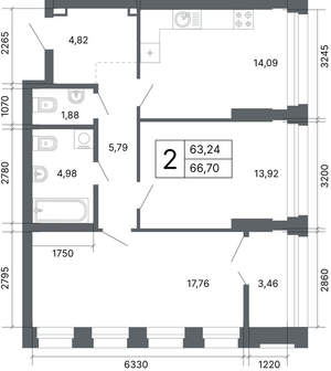 2-к квартира, вторичка, 66м2, 1/24 этаж