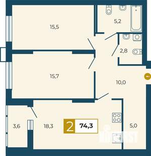 2-к квартира, вторичка, 74м2, 17/25 этаж