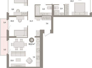 3-к квартира, вторичка, 94м2, 3/16 этаж