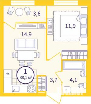 2-к квартира, вторичка, 36м2, 3/12 этаж