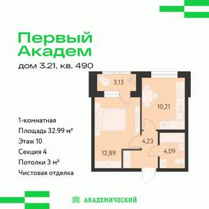 1-к квартира, вторичка, 33м2, 10/10 этаж