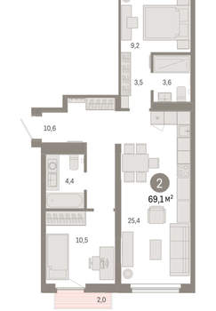 2-к квартира, вторичка, 69м2, 2/9 этаж