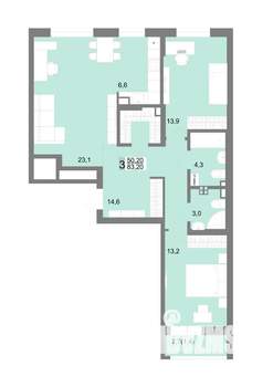 3-к квартира, строящийся дом, 83м2, 14/17 этаж