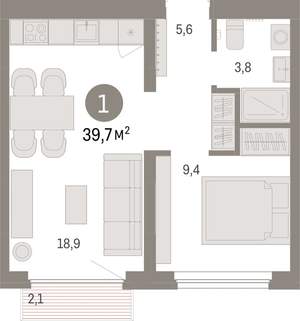 1-к квартира, вторичка, 40м2, 6/9 этаж