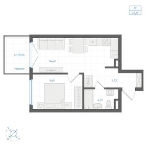 1-к квартира, вторичка, 37м2, 1/4 этаж