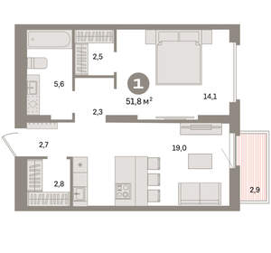 1-к квартира, вторичка, 52м2, 5/16 этаж