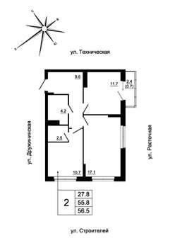 2-к квартира, вторичка, 55м2, 13/19 этаж