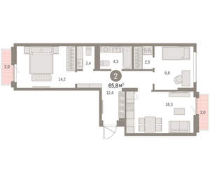 2-к квартира, вторичка, 66м2, 6/9 этаж