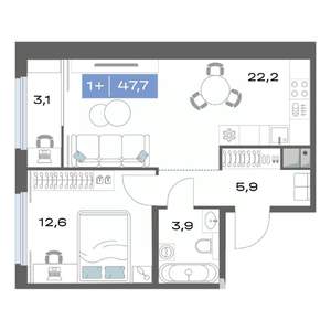 1-к квартира, строящийся дом, 48м2, 10/17 этаж